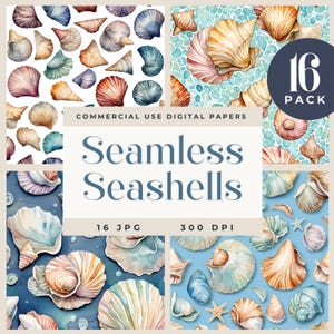 Papel digital de conchas marinas, papel de conchas sin costuras de acuarela, papel digital oceánico, papel para álbum de recortes de playa, imprimible náutico costero