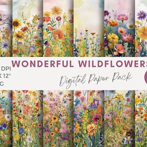 Watercolor wildflowers digital papers, printable pages, flowers junk journal paper, collage sheet, scrapbooking card making instant download