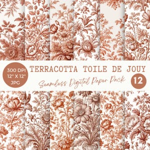Terracotta Toile de Jouy Digital Paper Pack, 12 Floral Toile Seamless Patterns, Vintage French Scrapbooking Digital Backgrounds Junk Journal