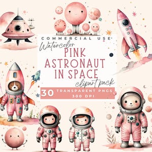 Clipart astronaute rose, clipart espace rose aquarelle mignon clipart espace fille Clipart pastel fusée spatiale étoiles planètes PNG