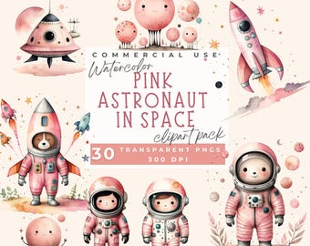 Rosa Astronaut Clipart, rosa Weltraum Clipart Aquarell niedlichen Weltraum Clipart Space Girl Clipart Pastell Raum Rakete Schiff Sterne Planeten PNG