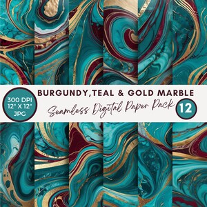 Pacchetto di carta digitale in marmo verde acqua e oro bordeaux, sfondi con texture in marmo, carta da scrapbooking stampabile per uso commerciale