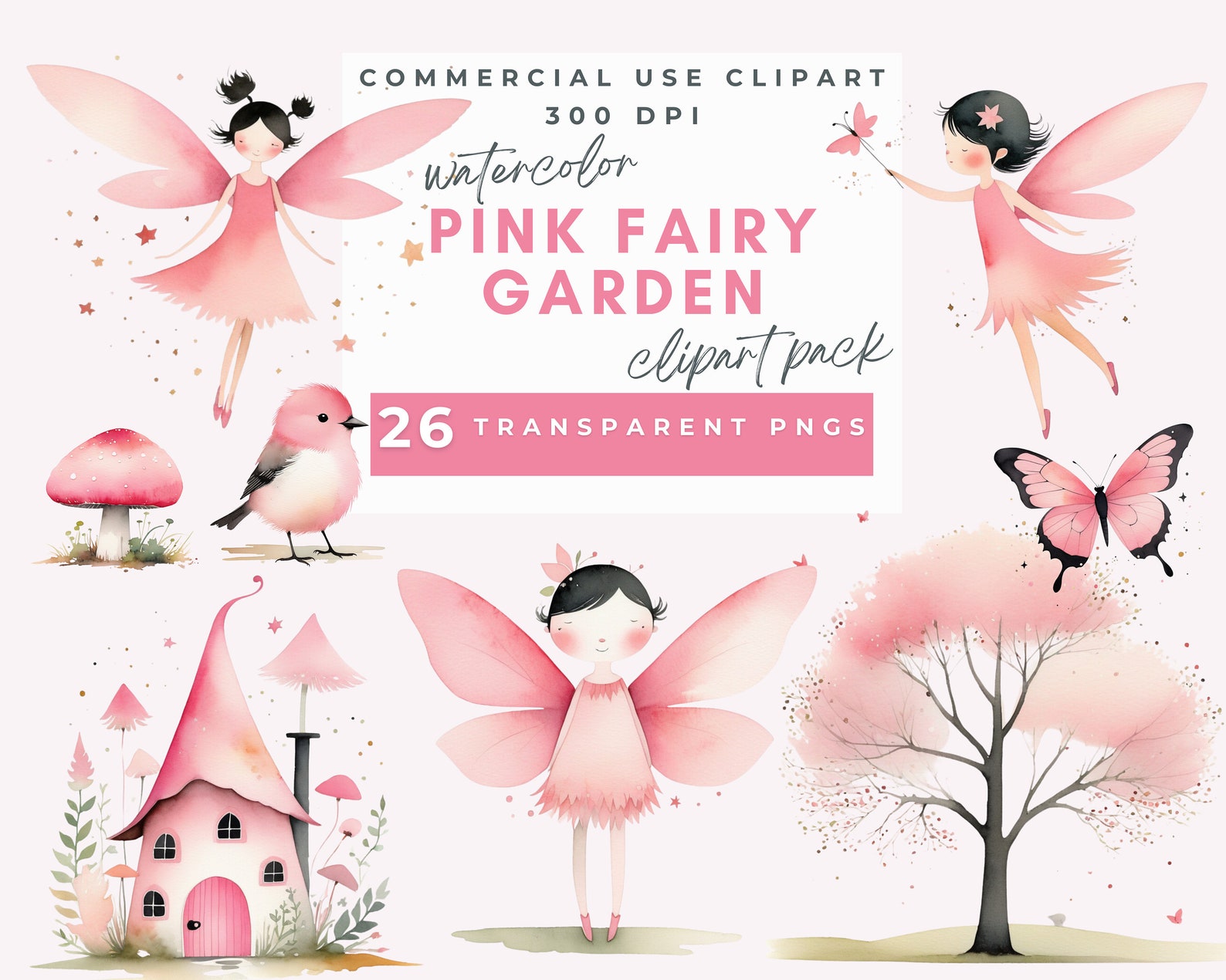 Pink Fairy Garden Clipart, Watercolor Fairy Garden Clipart Cute Fairy ...