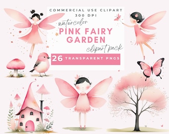 Rosa Feengarten Clipart, Aquarell Feengarten Clipart, Niedlicher Feengarten Clip art Verzauberter Wald Magie Feen PNG Set Kommerzielle Nutzung
