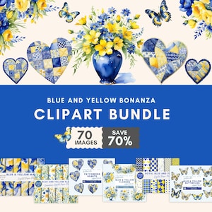 Paquete de imágenes prediseñadas azules y amarillas, imágenes prediseñadas florales, patrones sin costuras, corazones de patchwork, mariposas, flores, corona de fondo de mármol PNG