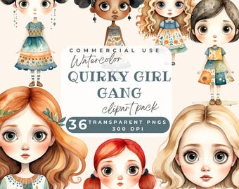 Clipart fille insolite lunatique, clipart filles insolites, clipart fille noire excentrique, jolie fille lunatique, clipart aquarelle imprimable, poupée mignonne