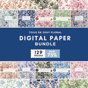 Floral Toile de Jouy Digital Paper Bundle, 129 Vintage französische Muster, elegante Shabby Chic Hintergründe, Junk Journal Scrapbooking druckbar