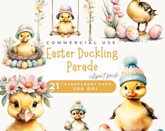 Duckling Easter Parade Clipart Pack, 21 Adorable Ducklings in Hats, Floral Crowns, on Swings and More – Perfect for Easter & Spring Designs