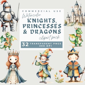 Knights and Princesses Clipart, Watercolor Middle Ages, Medieval Knight, Fairytale Castle, Princess, Kids, Dragon, Fantasy, Commercial Use
