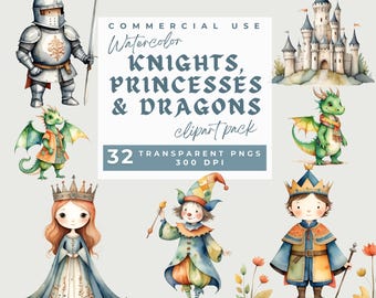 Knights and Princesses Clipart, Watercolor Middle Ages, Medieval Knight, Fairytale Castle, Princess, Kids, Dragon, Fantasy, Commercial Use