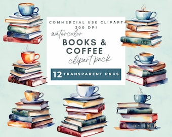 Aquarell Kaffee und Bücher Clipart, Kaffee Bücher Clipart, Herbst Kaffee Buch Clipart, Bücher und Kaffee Clipart, Clip Art Bücher, Bücherstapel