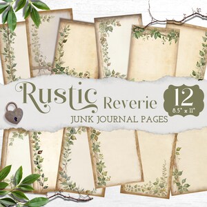 Puede incluir: Un conjunto de 12 páginas para diario de 8.5 por 11 pulgadas, con papel envejecido color crema, bordes de hojas verdes, un icono de candado en forma de corazón y el texto Rustic Reverie Junk Journal Pages.