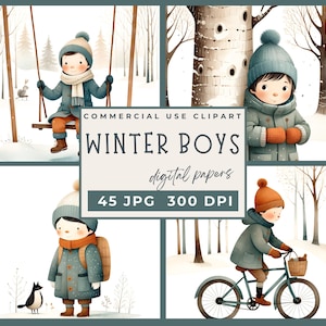 Whimsical Winter Boys Digital Paper Pack Cute boy winter clipart winter scenes digital papers whimsical boy images card making junk journals