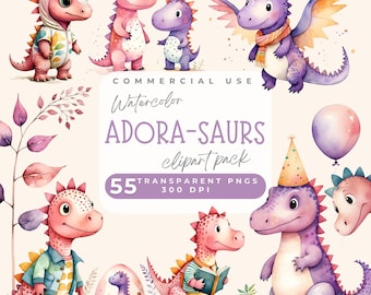 Puede incluir: Una colección digital de ilustraciones en acuarela con varios dinosaurios de dibujos animados en tonos rosa y morado, incluyendo un dragón con alas, un dinosaurio leyendo un libro y una cría en un huevo, con el texto ADORA-SAURS clipart pack.