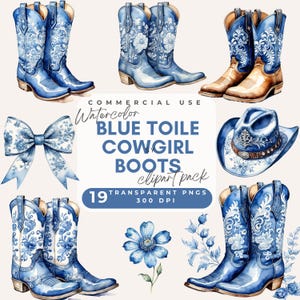Cowboy-Stiefel Blau Clipart Western Clipart Aquarell Blau Toile Cowboy-Stiefel Clip art Wilder Westen Png Blau Toile de Jouy Clipart Cowgirl-Stiefel