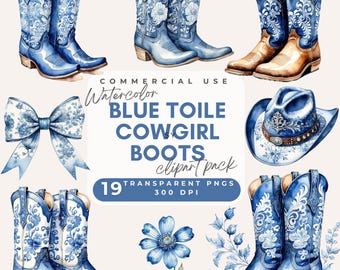 Botas de vaquero azules Clipart Western Clipart Acuarela Toile azul Botas de vaquero Clip art Salvaje oeste Png Toile de Jouy azul Clipart Botas de vaquera