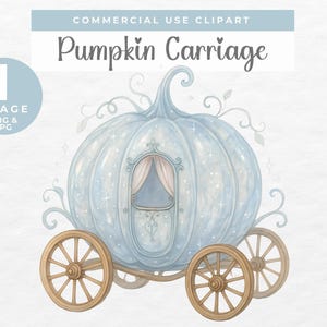 May include: A light blue pumpkin carriage illustration with wooden wheels. The carriage has a decorative door and is adorned with sparkling accents. Text at the top reads "Commercial Use Clipart" and "Pumpkin Carriage".