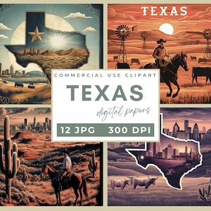 Papiers numériques Texas, Texas sur le thème numérique Junk Journal Pages vintage Western Collage imprimable Scrapbooking Paper, Cowboy Art Instant Download