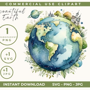 Clipart belle terre, Illustration aquarelle de la terre, planète lunatique art respectueux de l'environnement planète terre Decor environnement mondial PNG, SVG JPG