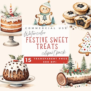 Clipart z jedzeniem i ciasteczkami na Boże Narodzenie, świąteczne słodkie przysmaki, akwarelowe świąteczne przysmaki Clipart z jedzeniem na Boże Narodzenie, pudding, mince pies