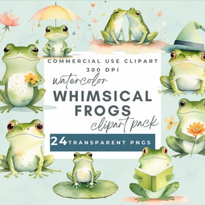 Funny and cute frogs clipart, whimsical frogs clipart, Frogs Watercolor Clipart, Floral Frog PNG, Lily Pond Frog Illustrations, funny frogs