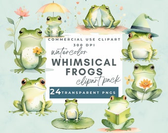 Funny and cute frogs clipart, whimsical frogs clipart, Frogs Watercolor Clipart, Floral Frog PNG, Lily Pond Frog Illustrations, funny frogs