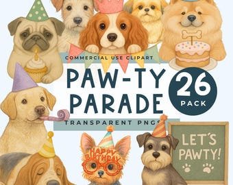 Dogs In Party Hat Clipart, Birthday Dog PNG, Puppy Birthday Party Clip Art, Dog Birthday Graphics, Cute Dog Clipart Set, watercolor puppies