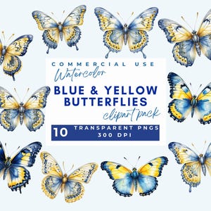 Disegno farfalla acquerello blu e giallo, Clipart farfalle blu e gialle, Uso commerciale, Download immediato, Clip art PNG trasparente