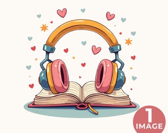Colorful Audiobook Clipart, Girlie PNG, Bookish clip art, Designs for Stickers, Bookmarks, Shirts, Cute Reading Illustration for crafts