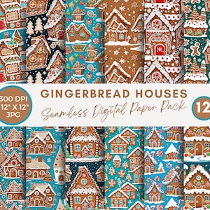 Gingerbread houses seamless digital paper, Gingerbread Pattern, Christmas Pattern, Xmas, Festive holiday clipart Seamless pattern 12x12 JPG