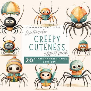 Cute Halloween Spider clipart, Creepy Halloween Character clipart, Whimsical halloween Clipart, Spider Watercolor Clip Art, Cute Bug PNG