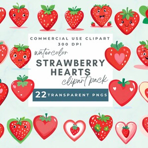 Clipart de corações de morango, clipart de coração de morango, fundo transparente, morango, download instantâneo, clipart de frutas, uso comercial