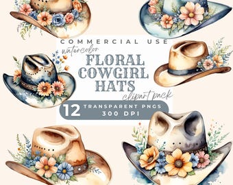 Floral Cowgirl hat clipart pack, Country Cowgirl Hat Clipart, Watercolor Hats with Flowers Wild Western, Floral Hat, Cowgirl Hat Flowers PNG