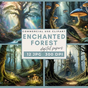 Papiers numériques de forêt enchantée fantastique, papier numérique de forêt mystérieuse magique, cartes Woodland, imprimables, journal indésirable, scrapbooking JPG