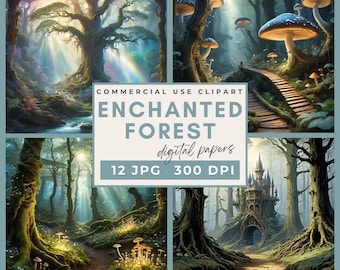 Papeles digitales de bosque encantado de fantasía, papel digital de bosque mágico y misterioso, tarjetas de bosque, imprimibles, diario basura, álbumes de recortes JPG