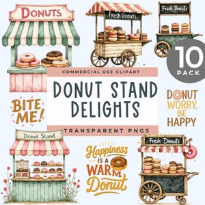 ドーナツスタンドのクリップアート、水彩画のベーカリーカートのPNG、ドーナツ屋台のクリップアート、食品市場のクリップアート、ドーナツカートのPNG、甘いお菓子、ワードアート