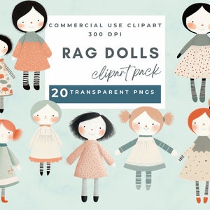 Clipart de boneca de pano clipart de menina de brinquedo Raggedy Dolls Clipart Boneca de pano PNG Boneca de pano fofa Junk Journal, artesanato em papel, ilustrações infantis