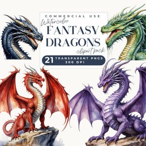Watercolor fantasy dragon clipart, Dragons Watercolor Clip art Fantasy Dragons PNG Magical Fairytale  Paper Crafts Junk Journal Scrapbooking
