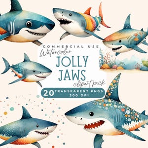 Cute shark clipart, Cute Watercolor Shark PNG Clipart, Shark PNG Nursery decor, Shark Illustrations Ocean Animals Clipart, Sea Life Clip Art