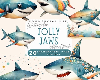 Cute shark clipart, Cute Watercolor Shark PNG Clipart, Shark PNG Nursery decor, Shark Illustrations Ocean Animals Clipart, Sea Life Clip Art