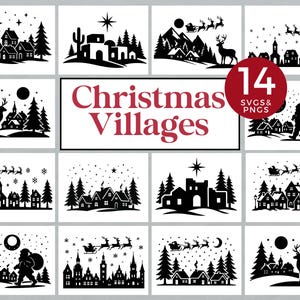 Kerstdorp silhouet Svg, Winter Village Svg, Christmas Town Clipart, kerstman slee Svg, Cricut kerstbundel, vakantie scène Svg