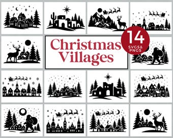 Christmas Village Silhouette Svg, Winter Village Svg, Christmas Town Clipart, Santa Sleigh Svg, Cricut Christmas Bundle, Holiday Scene Svg