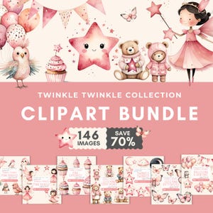 Twinkle twinkle little star baby clipartbundel, roze sterren, feeën, teddyberen, cupcakes, ballonnen, vlinders, schattige vogels, feestuitnodiging