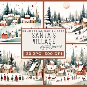 Whimsy Santa's Village digitaal papierpakket - 12 high-res jpg's kerstvakantieachtergronden voor scrapbooking, tijdschriften, knutselen en doe-het-zelfprojecten