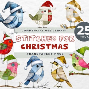 May include: A set of colourful, stitched bird illustrations, each wearing a Santa hat. The birds have patchwork designs in shades of blue, red, green, and yellow. Text reads "Stitched for Christmas".