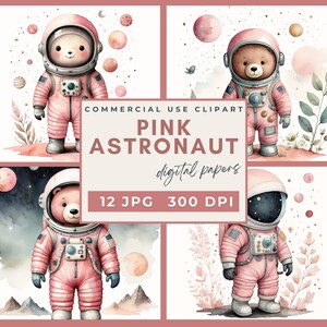 Papeles digitales de astronautas rosas, fondos espaciales rosados en acuarela, lindos papeles imprimibles del espacio rosa, papel digital de planetas rosados