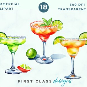 May include: Three watercolor illustrations of margarita cocktails. The first margarita is green, the second is orange, and the third is red. Each margarita has a lime wedge and a salt rim.