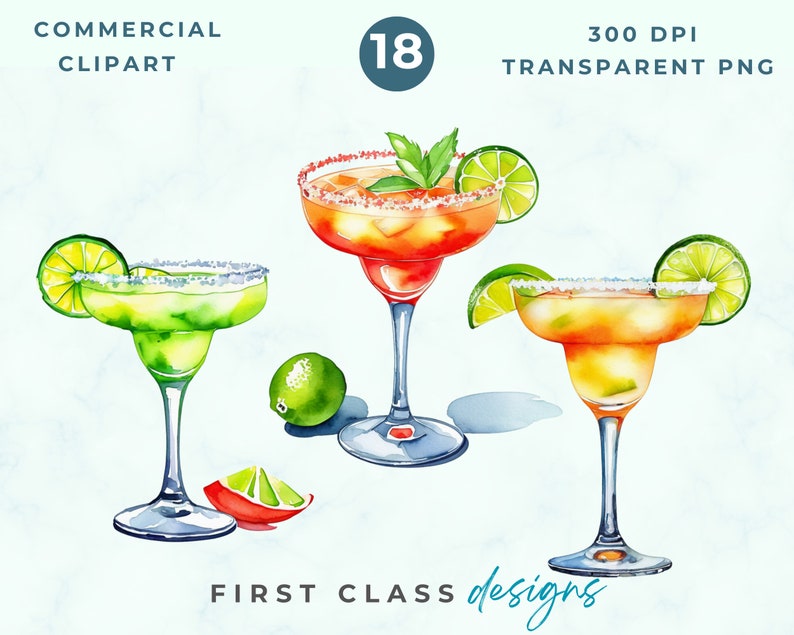 May include: Three watercolor illustrations of margarita cocktails. The first margarita is green, the second is orange, and the third is red. Each margarita has a lime wedge and a salt rim.