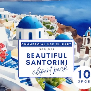 Santorin Clipart Grèce, 10 JPG haute qualité aquarelle Clipart artisanat numérique, Images de scrapbooking voyage Clipart vacances Clipart