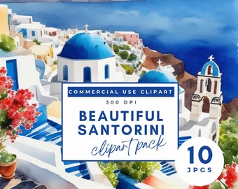 Santorini Clipart Greece Clipart, 10 High Quality JPGs Watercolor Clipart Digital Crafting, Scrapbook Images Travel Clipart Vacation Clipart